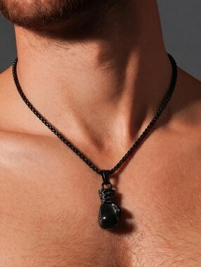 Boxing Glove Pendant Unisex Black Necklace 24" Chain Fitness Boxer Training NEW
